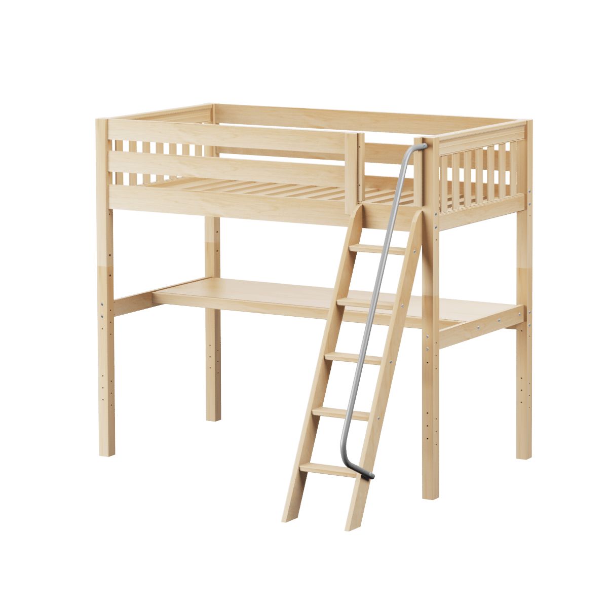 Light natural wood loft bed with slatted guardrails and angled ladder, space-saving raised bed frame for small bedrooms