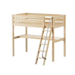 Wooden loft bed with ladder and built-in desk for space-saving bedroom design.