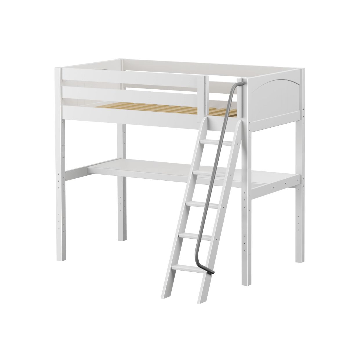 White wooden loft bed with angled ladder and built-in desk shelf — space-saving modern kids' loft bed for small bedrooms