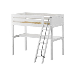 White wooden loft bed with angled ladder and built-in desk shelf — space-saving modern kids' loft bed for small bedrooms
