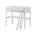 White twin loft bed with angled ladder, wooden slatted mattress support and underbed desk — space-saving modern kids' bed frame