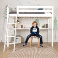 Child sitting at a study desk beneath a white wooden loft bed with ladder, built-in shelves, books and lamp — space-saving kids loft bed and children's bedroom setup
