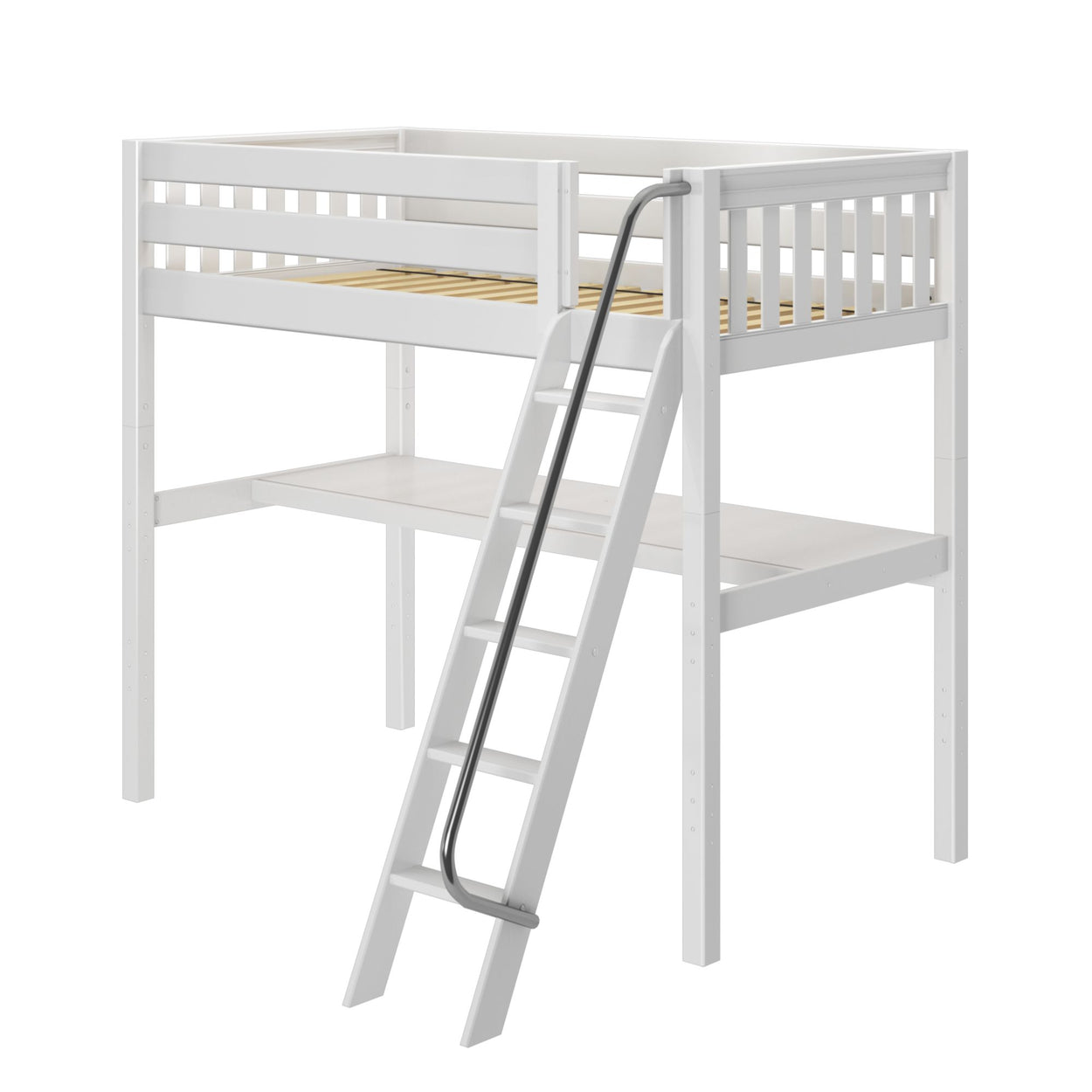 White wooden loft bed frame with angled ladder and safety guardrail, slatted mattress base and open under-bed workspace — modern space-saving kids' bedroom furniture
