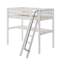 White wooden loft bed frame with angled ladder and safety guardrail, slatted mattress base and open under-bed workspace — modern space-saving kids' bedroom furniture