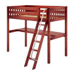 Cherry wood loft bed frame with angled ladder and metal handrail, twin-size platform and workspace shelf underneath