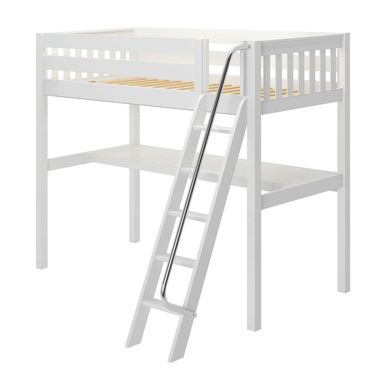 White loft bed with angled ladder and chrome handrail, wooden slatted mattress base, space‑saving kids bedroom furniture