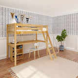 KNOCKOUT8 NS : Storage & Study Loft Beds Twin High Loft w/angled ladder, long desk, 22.5" low bookcase, Slat, Natural