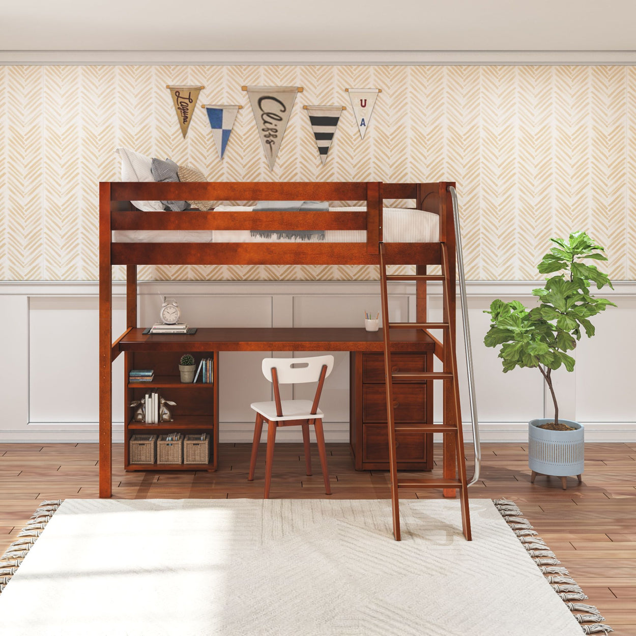 Stylish wooden loft bed with desk beneath in a modern children's bedroom.