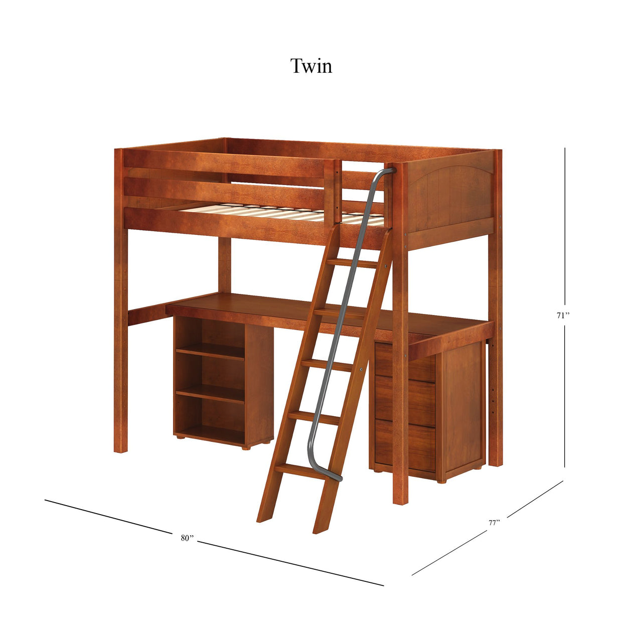 Twin wooden loft bed with ladder and storage shelves, ideal for maximizing bedroom space.