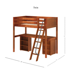 Twin wooden loft bed with ladder and storage shelves, ideal for maximizing bedroom space.