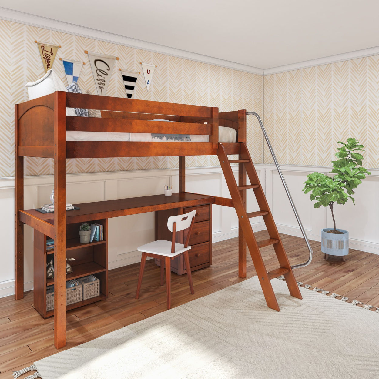 Loft bed with wooden ladder and built-in desk in modern bedroom.