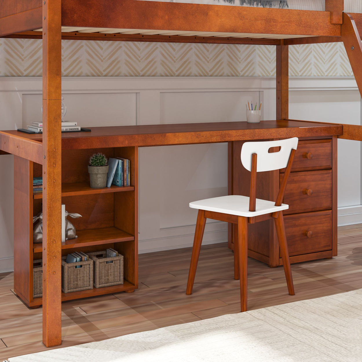 Wooden loft bed frame with integrated study desk, chair, and storage shelves for small spaces.