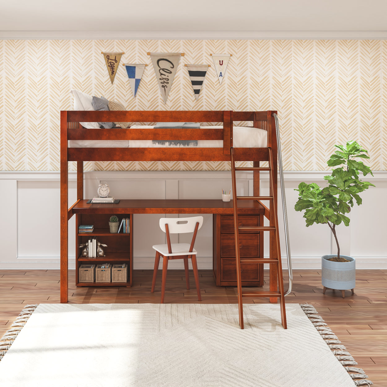 Loft bed with desk setup in a modern bedroom featuring wooden furniture, a ladder, and decorative wall hangings.