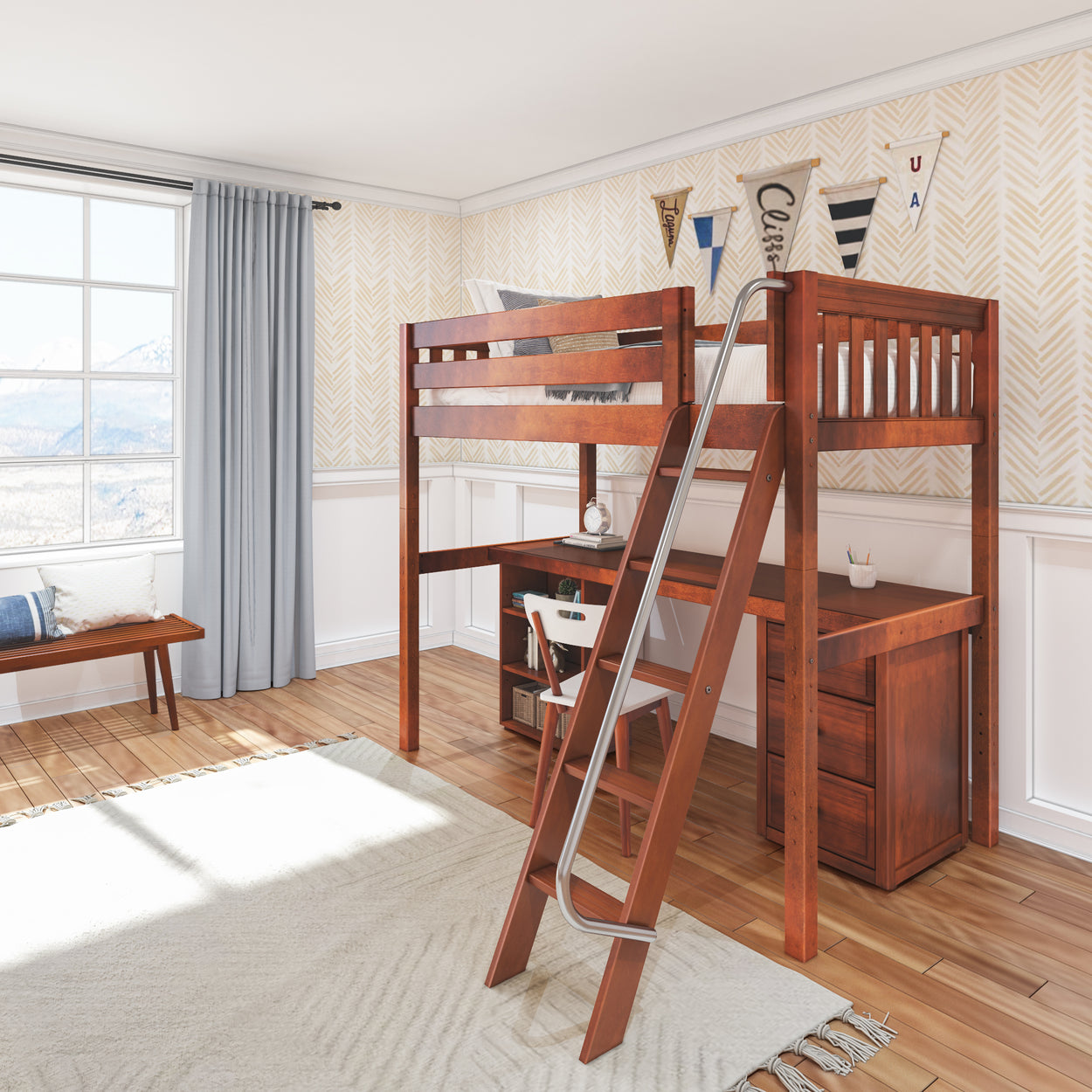 Elegant loft bed with built-in desk and ladder, set in a modern bedroom with natural light.