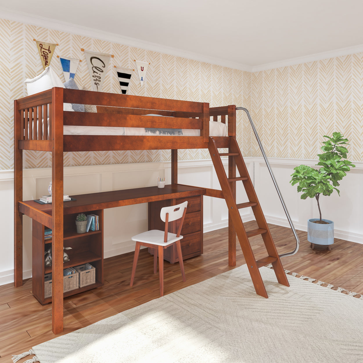 Loft bed with integrated wooden desk and chair in a modern kid's room featuring a potted plant and decorative wall banners.