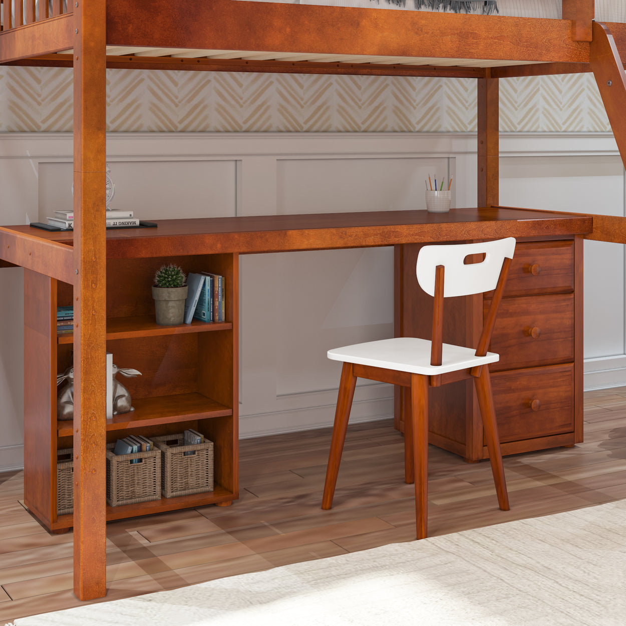 Wooden loft bed with desk, chair, and storage shelves in cozy bedroom setting.