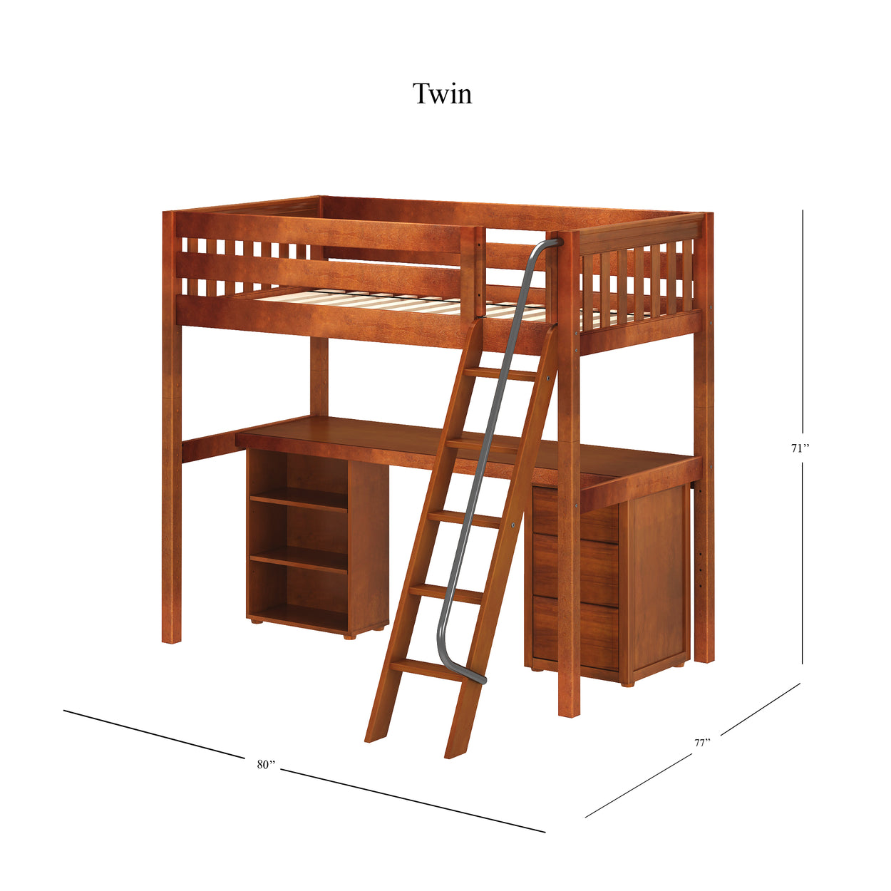 Twin loft bed with built-in desk and storage shelves in wooden finish.
