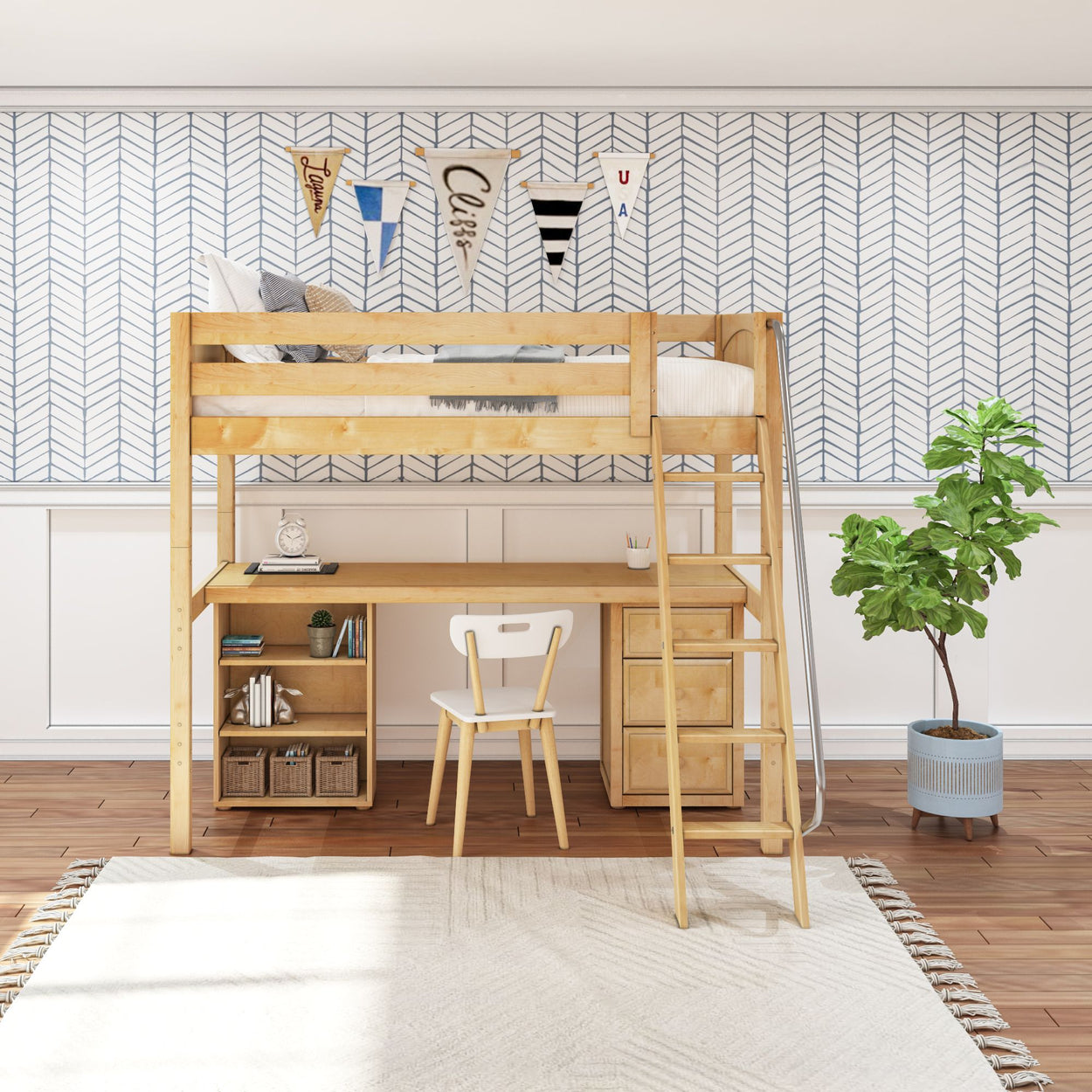Wooden loft bed with ladder and desk in a stylish bedroom with chevron wallpaper and houseplant.