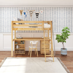 Wooden loft bed with ladder and desk in a stylish bedroom with chevron wallpaper and houseplant.