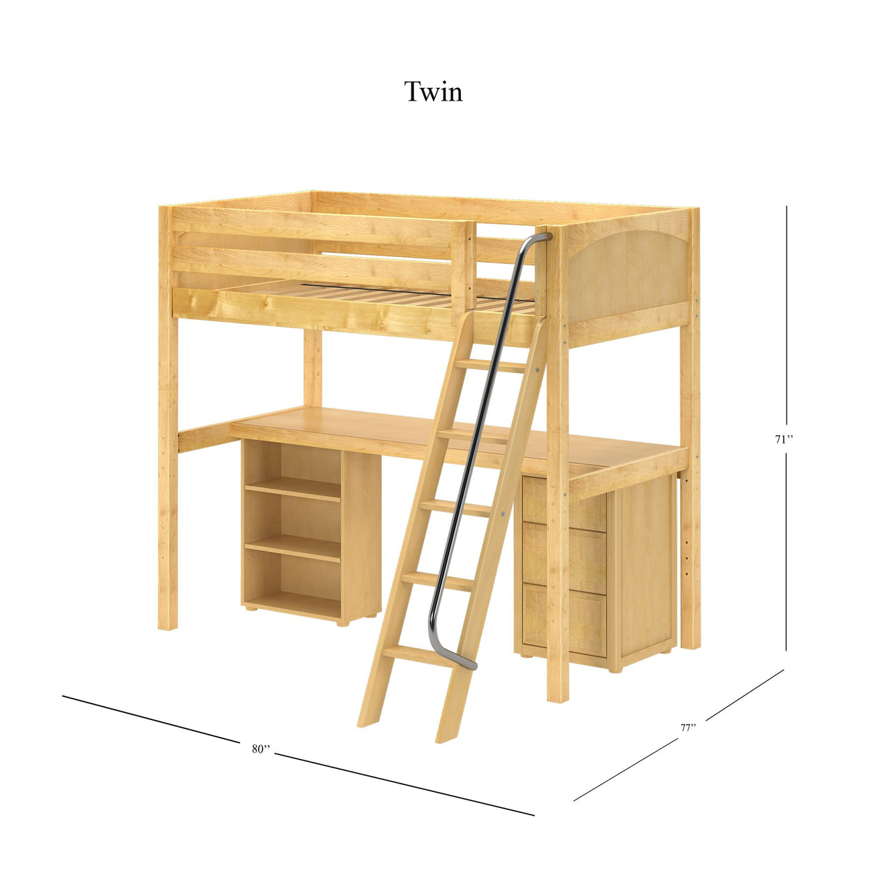 Wooden loft bed with ladder and desk, twin size, perfect for space-saving bedroom furniture solutions.