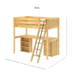 Wooden loft bed with ladder and desk, twin size, perfect for space-saving bedroom furniture solutions.