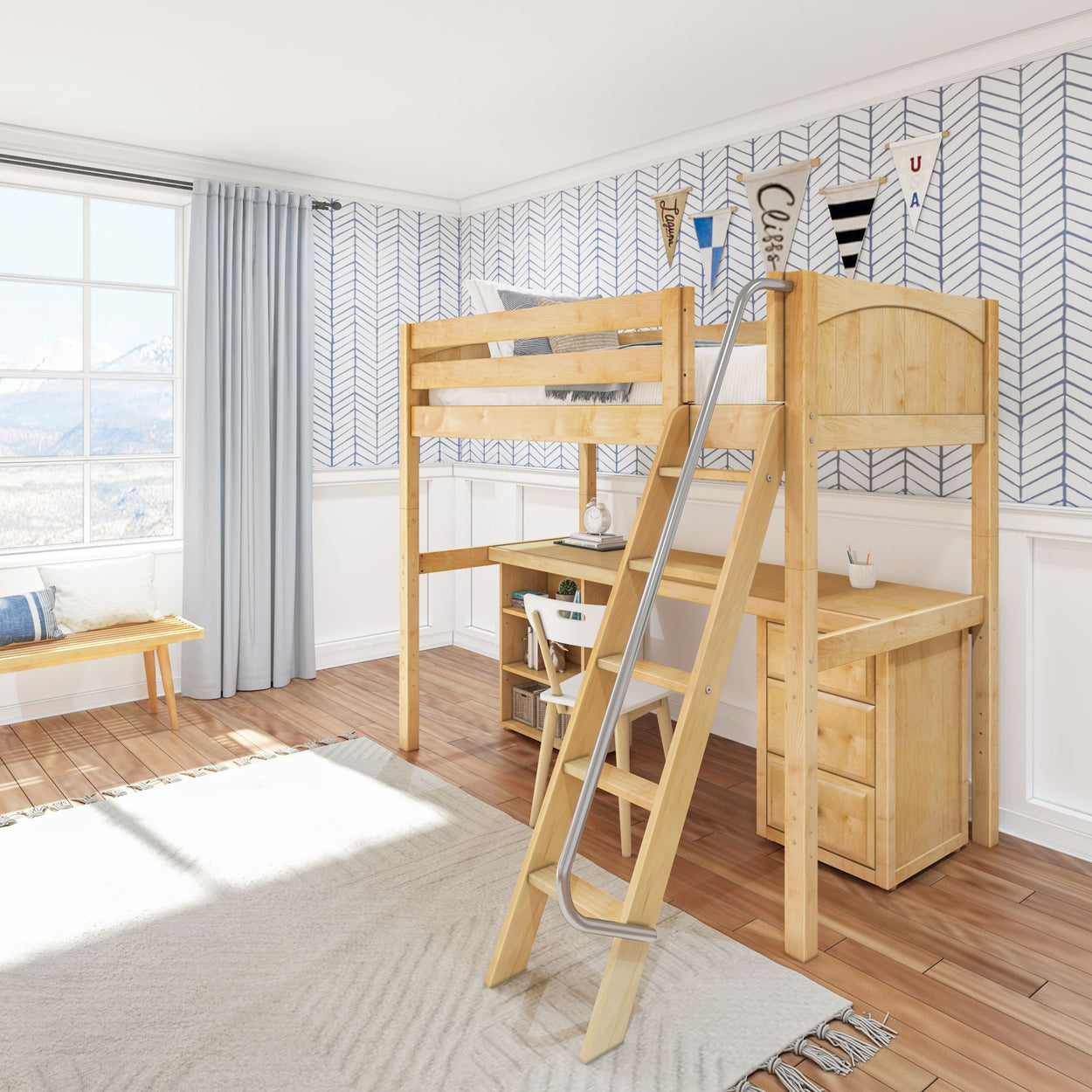 Wooden loft bed with ladder and desk in bright, modern children's bedroom.