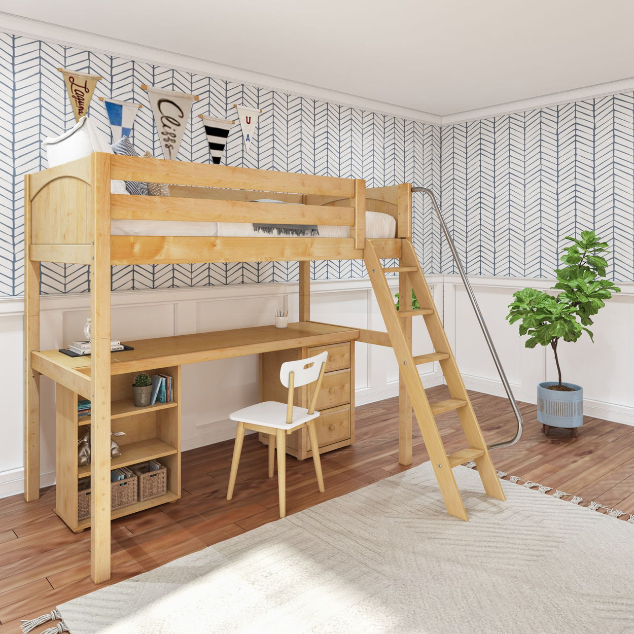Wooden loft bed with integrated desk and ladder in a modern kids' room featuring blue and white wallpaper, a wooden chair, and a potted plant on hardwood flooring.