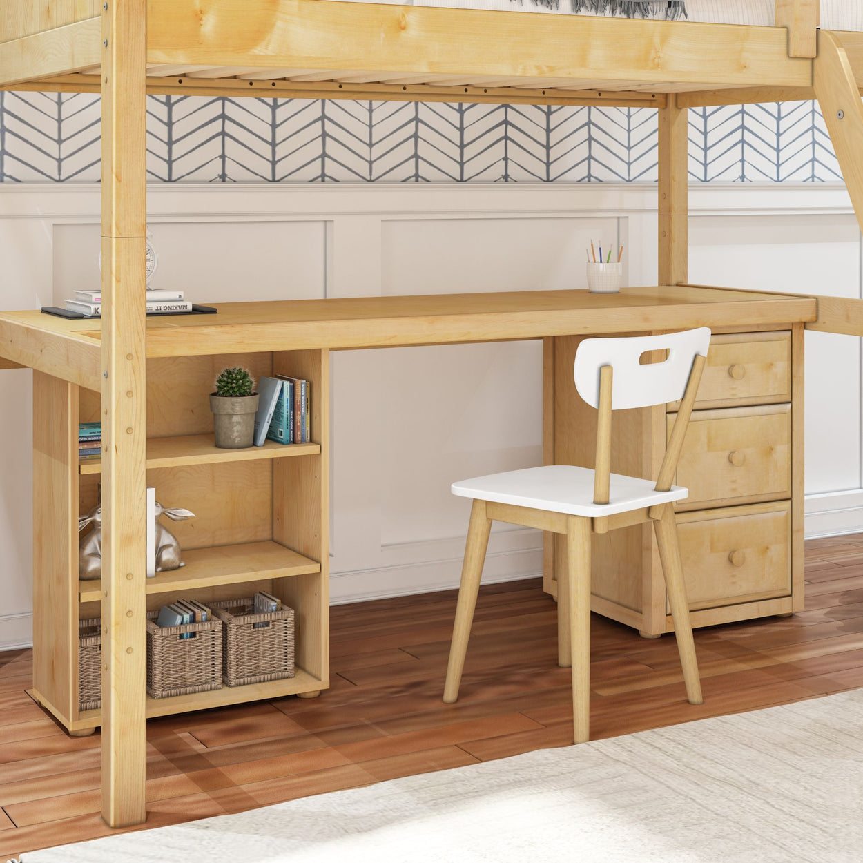 Wooden loft bed with integrated desk and shelves, small white chair, home office setup.