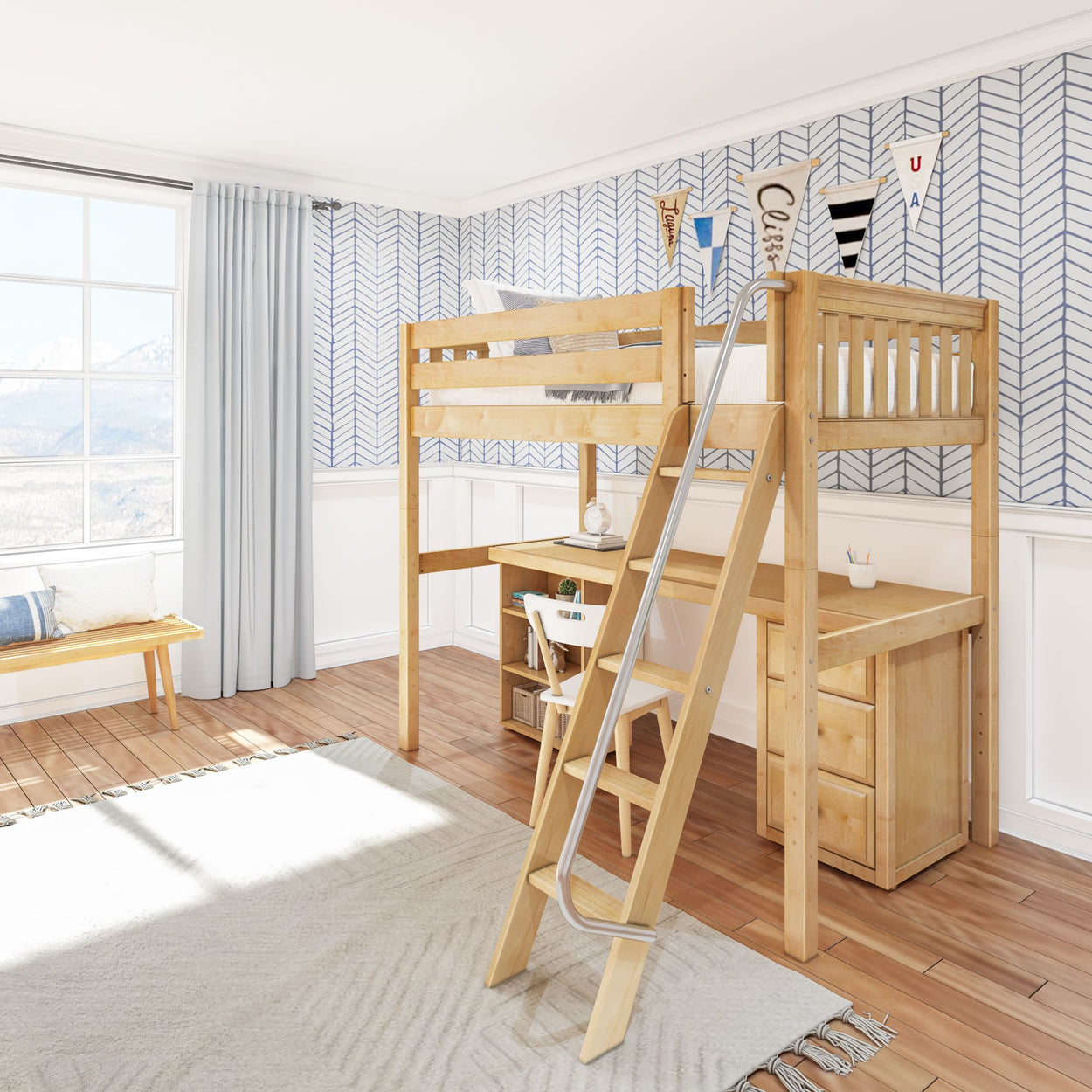 Wooden loft bed with desk underneath in a bright bedroom with natural light and modern decor.