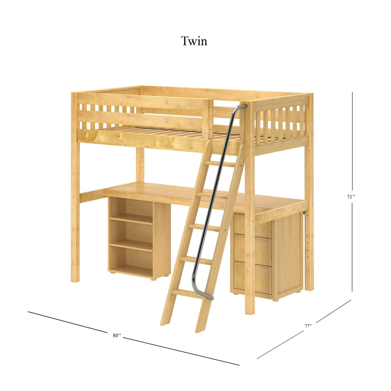 Twin loft bed with ladder, desk, and storage shelves in natural wood finish, dimensions 80"x77"x71".