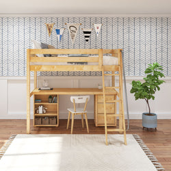 Wooden loft bed with ladder and integrated desk in modern kids' room with patterned wallpaper and indoor plant.