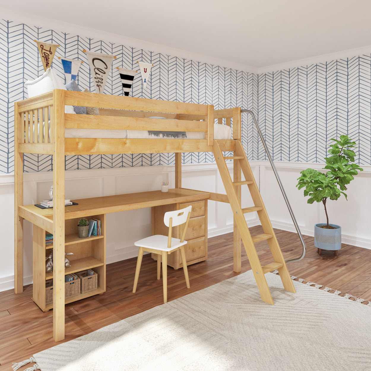 Children's wooden loft bed with built-in desk and chair in a modern bedroom with patterned wallpaper and plant decor.