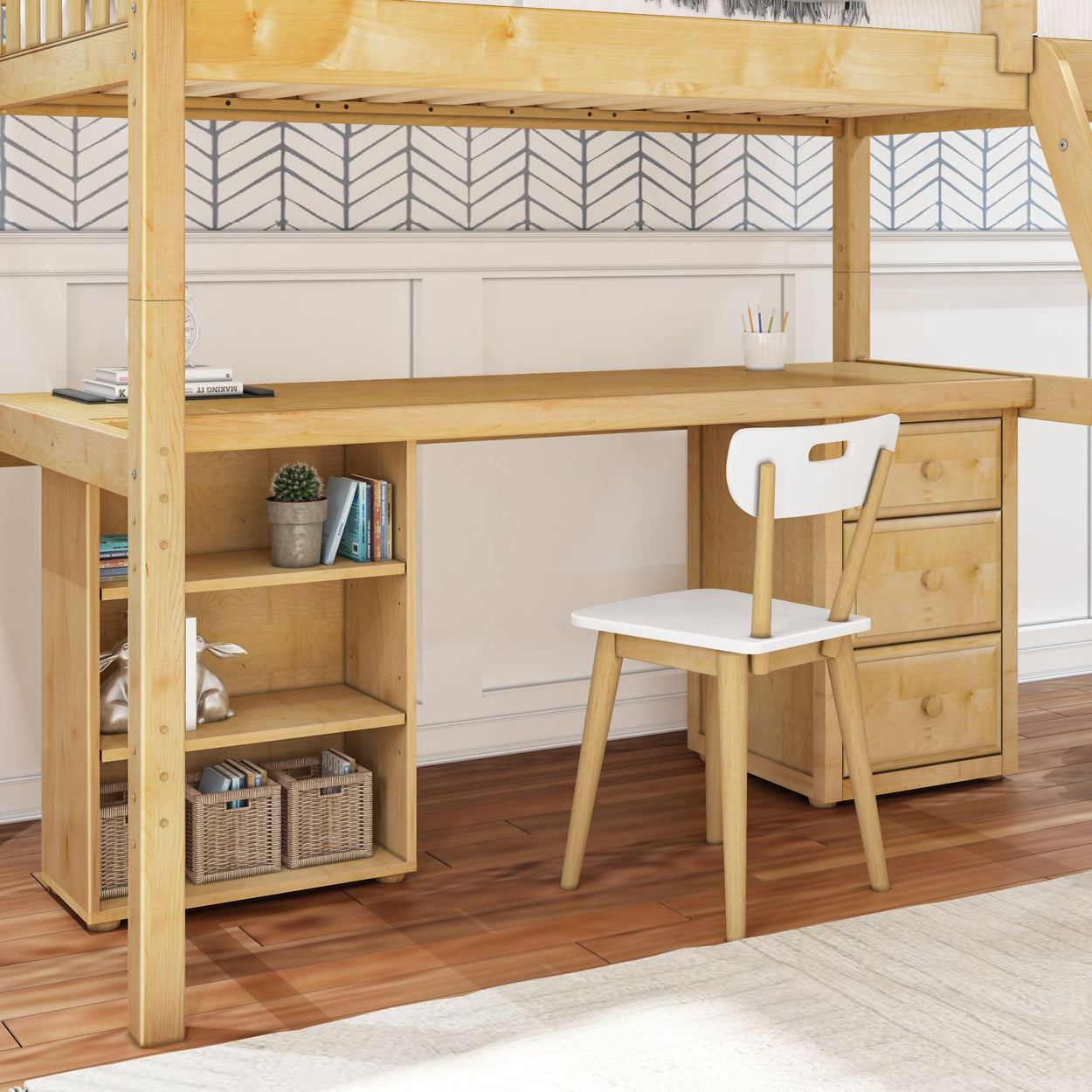 Wooden loft bed desk setup with shelves, storage drawers, and chair in a modern home office.