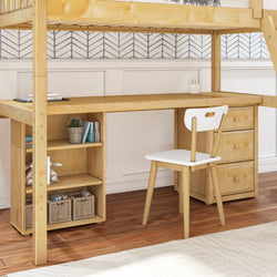 Wooden loft bed desk setup with shelves, storage drawers, and chair in a modern home office.