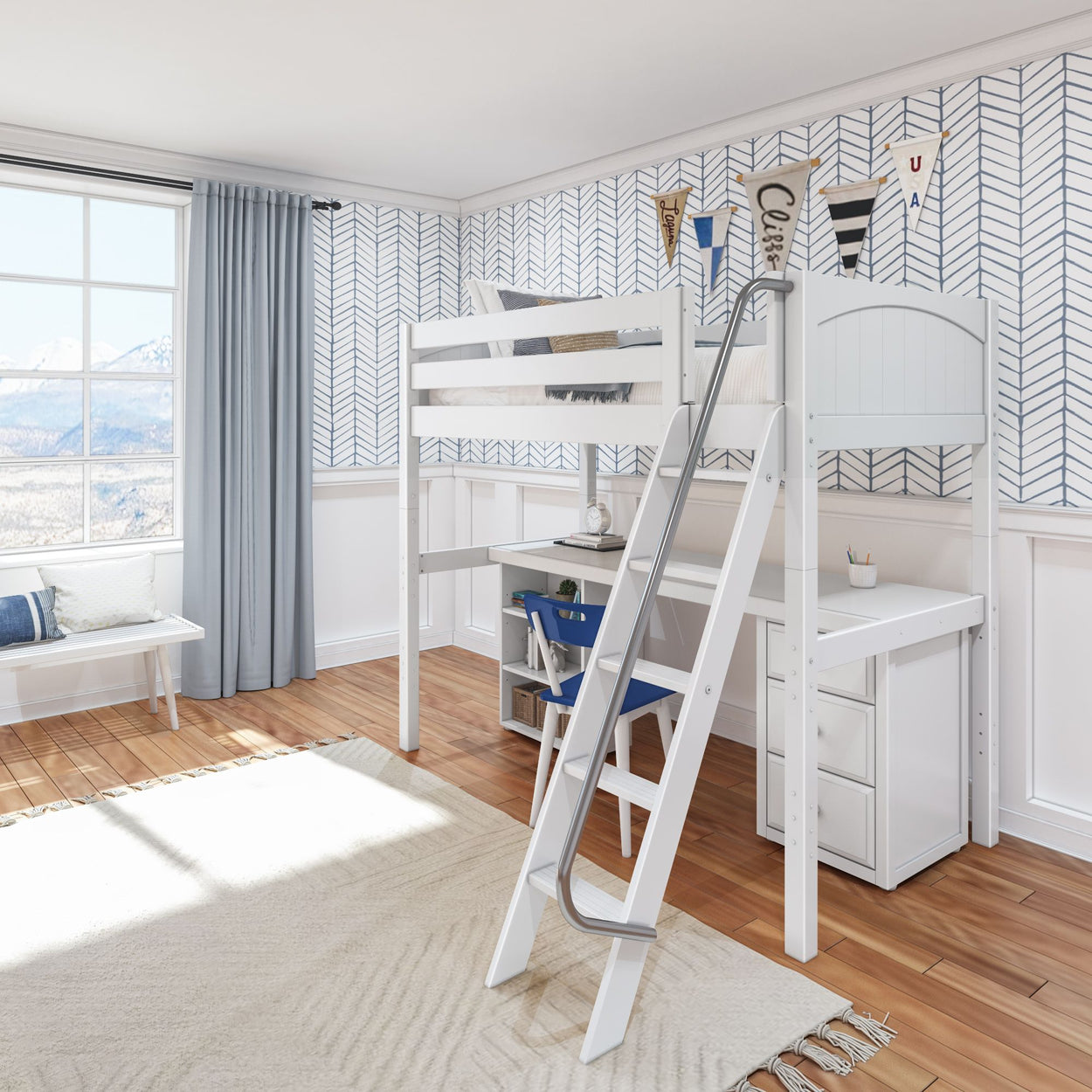 White loft bed with ladder and desk in a bright, modern bedroom featuring chevron wallpaper and large windows.