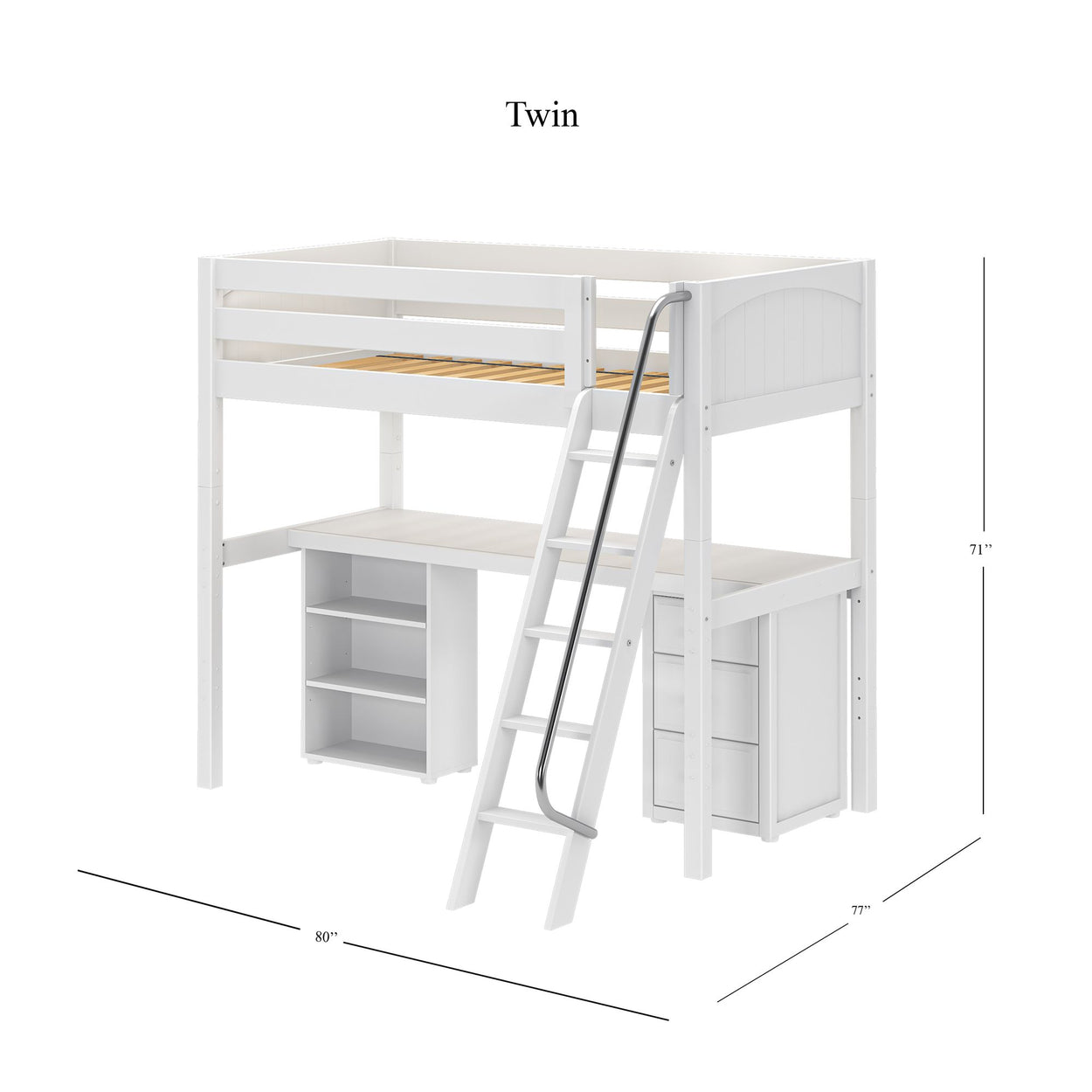 White twin loft bed with integrated ladder, desk, and storage shelves, dimensions 80"x77"x71".