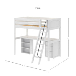 White twin loft bed with integrated ladder, desk, and storage shelves, dimensions 80"x77"x71".