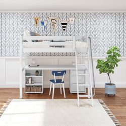 Modern kids room with white loft bed and integrated desk, blue chair, and stylish decor including geometric wallpaper and indoor plant.