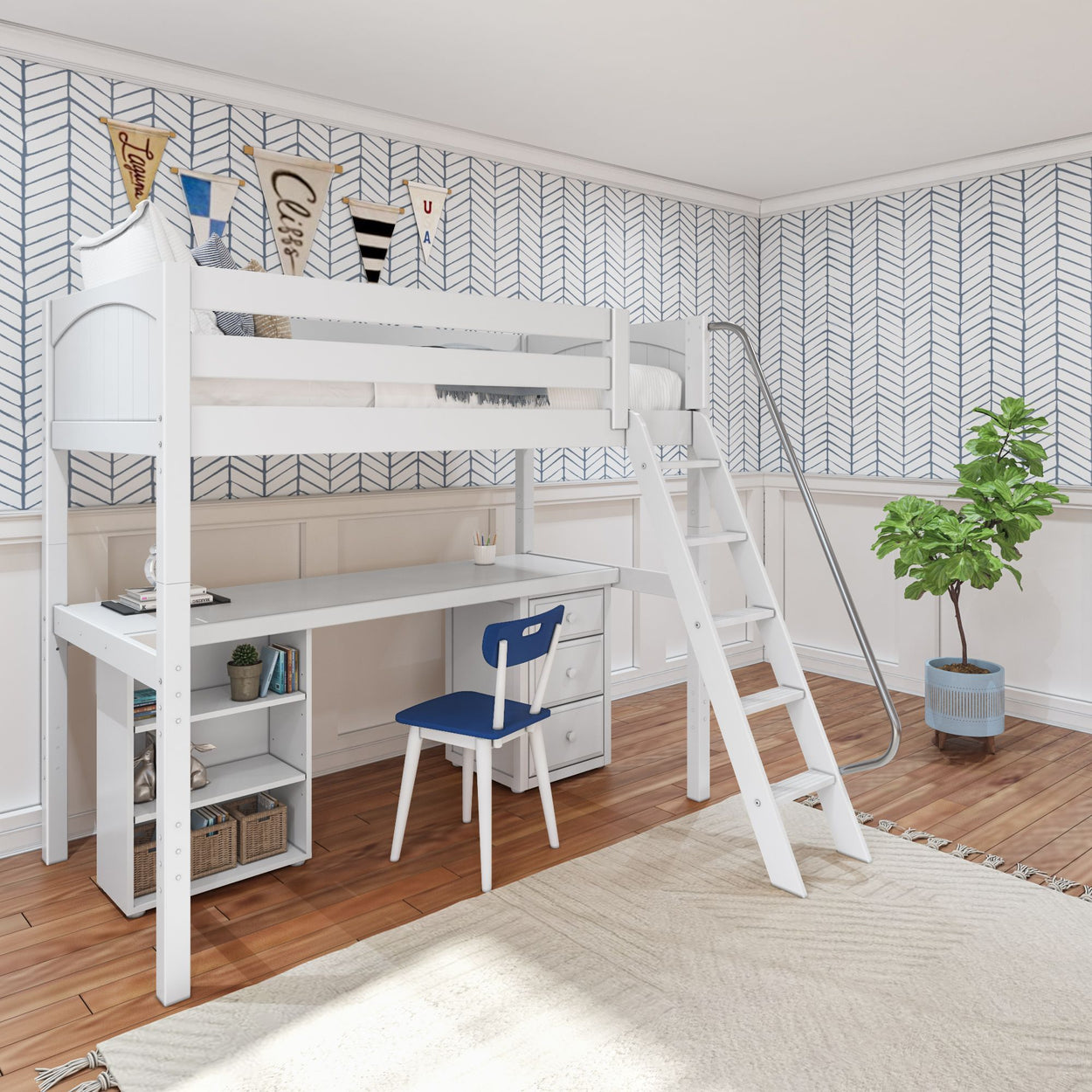 White loft bed with built-in desk in modern kids' bedroom featuring chevron wallpaper and hardwood floors.
