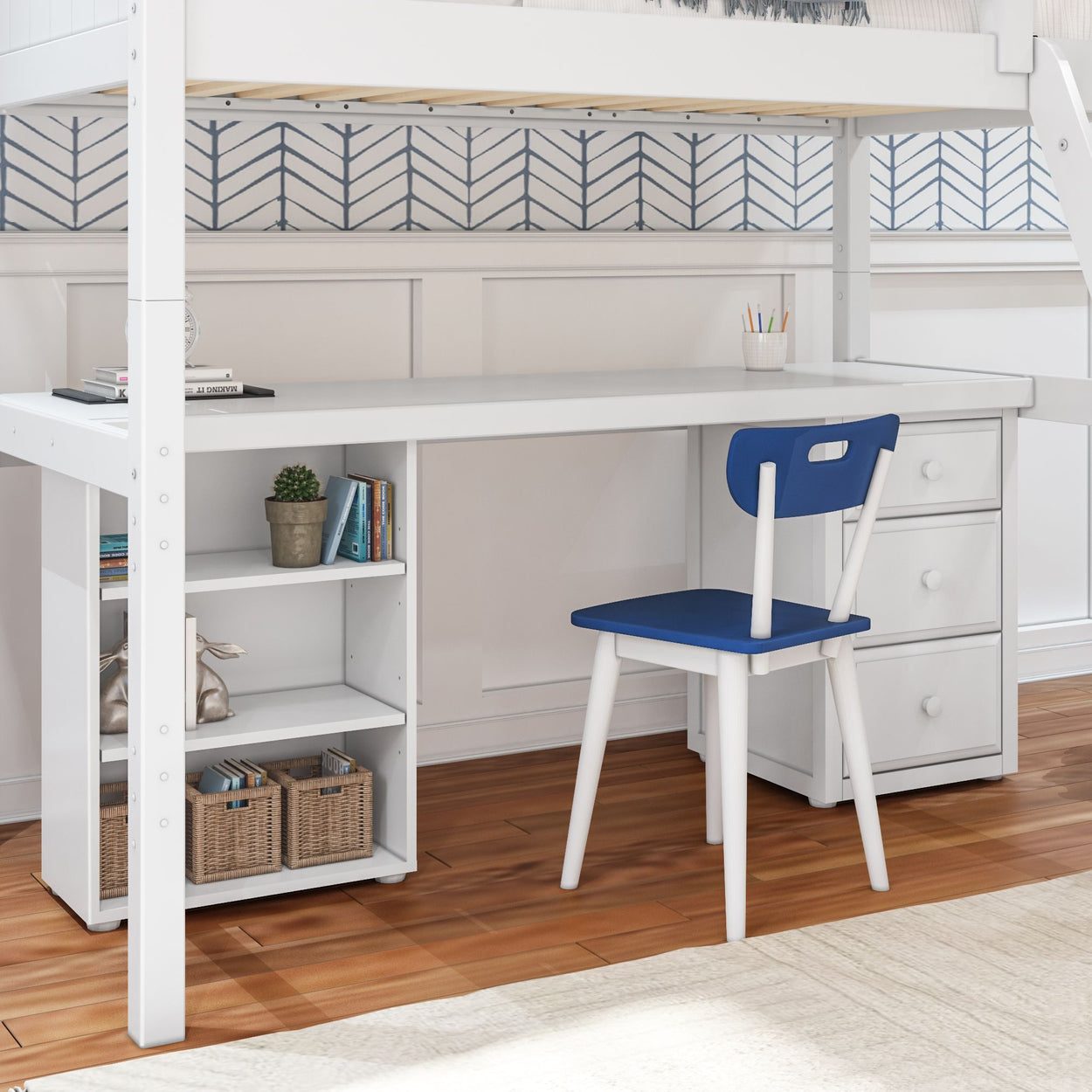 Children's loft bed with desk and storage, featuring a white finish, blue chair, and wood flooring.