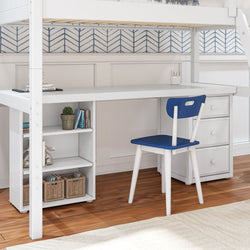 Children's loft bed with desk and storage, featuring a white finish, blue chair, and wood flooring.