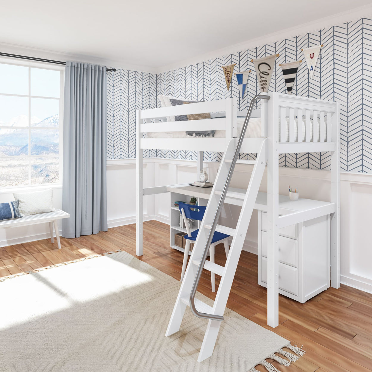 Modern white loft bed with desk in a bright, stylish kids' room featuring blue accents and herringbone wallpaper.