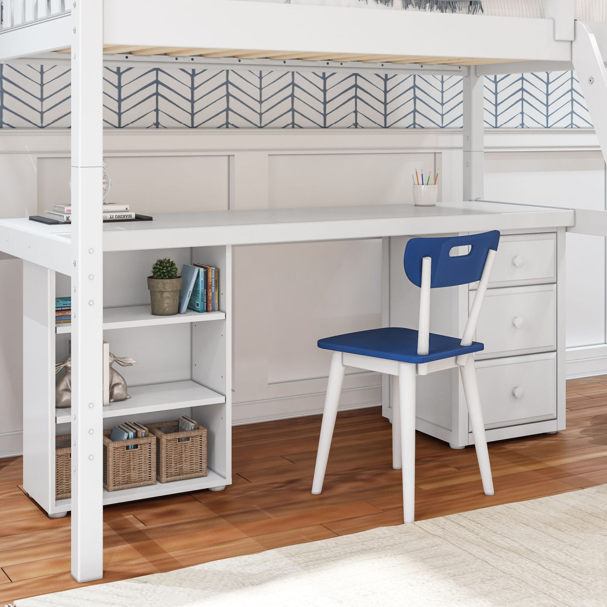 Loft bed with integrated study desk, storage shelves, and blue chair in modern kids' room.