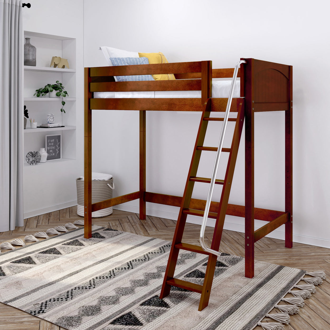 Wooden loft bed with ladder in a modern bedroom setting, featuring decorative shelf and patterned rug.