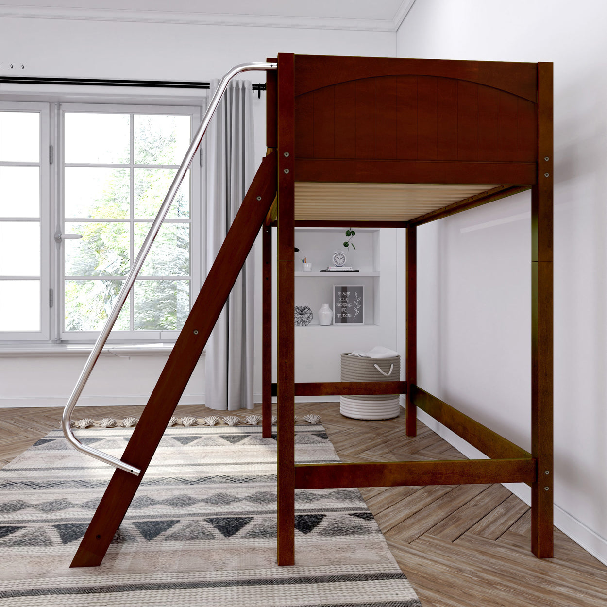 Wooden loft bed with ladder in modern bedroom setting.