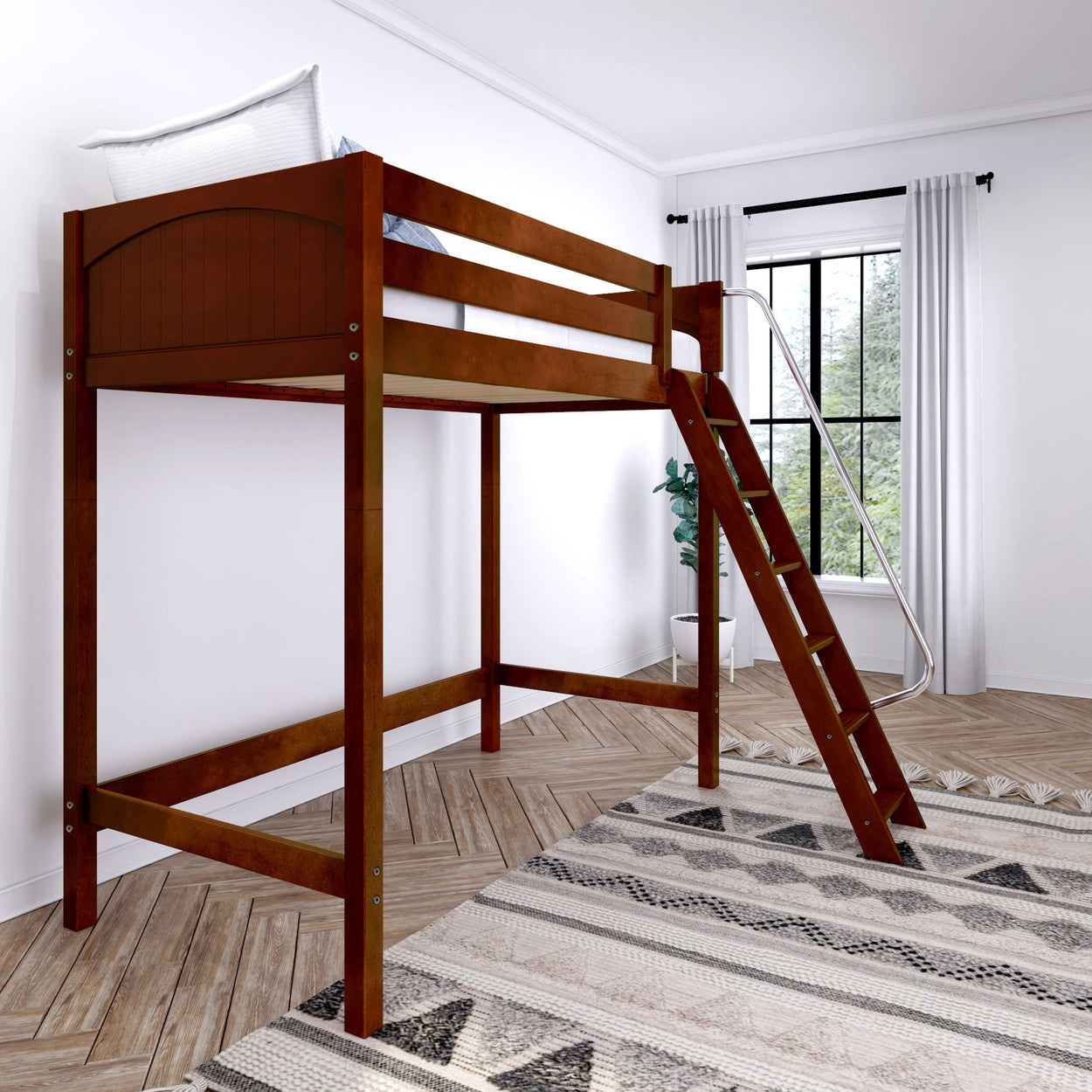 Wooden loft bed with ladder in modern bedroom featuring patterned rug and large window.