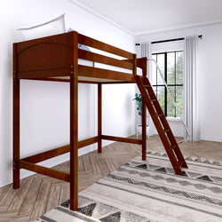 Wooden loft bed with ladder in modern bedroom featuring patterned rug and large window.