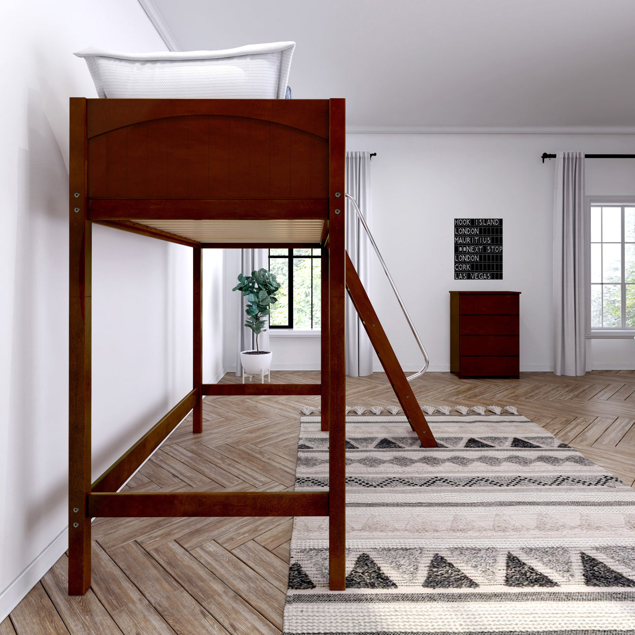 Loft bed in a modern bedroom with wooden floors and white walls.