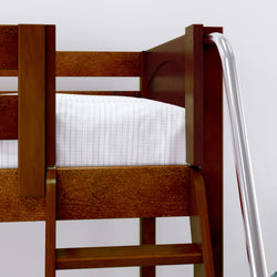 Wooden bunk bed with white striped bedding and metal safety rail for kids' bedroom.