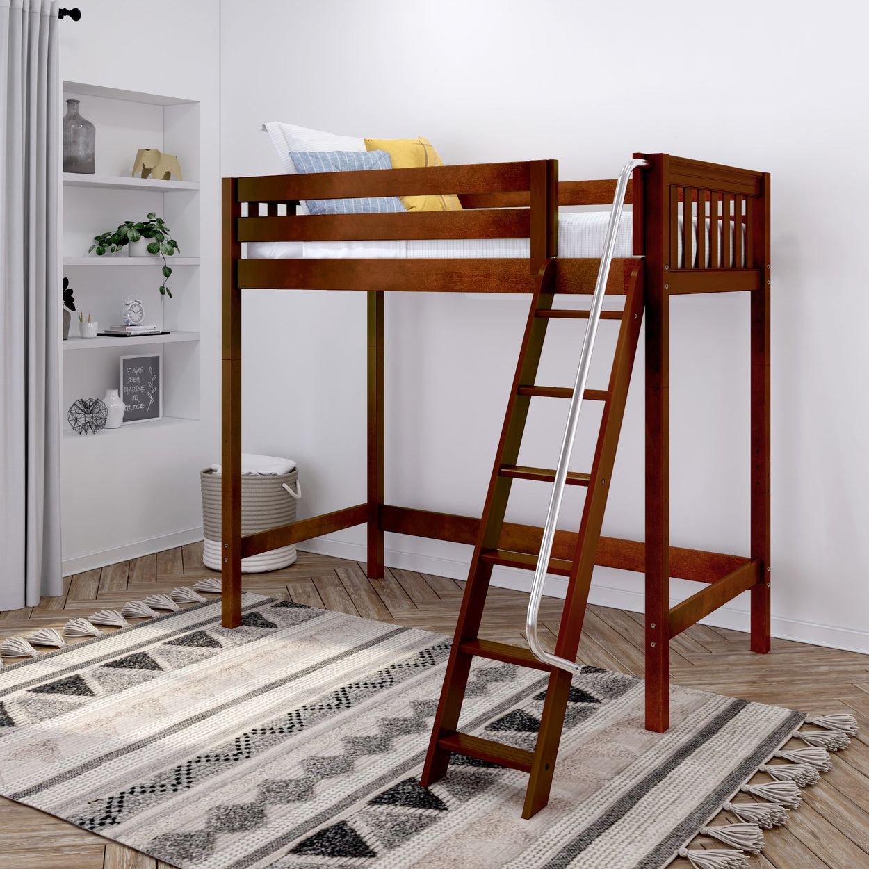 Wooden loft bed with ladder in a modern bedroom setting, featuring a stylish geometric-patterned rug.